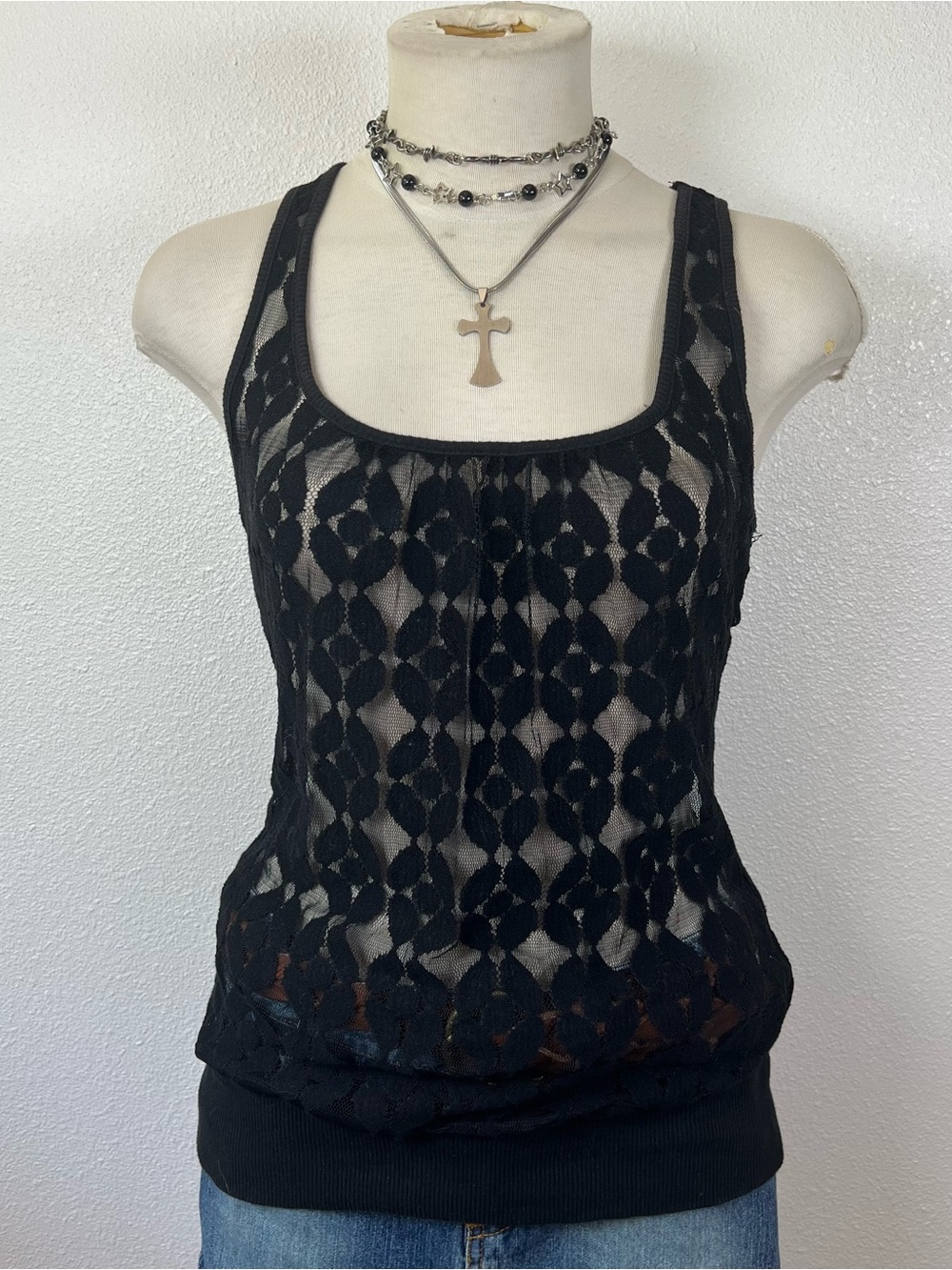 Y2K Black Lace Overlay Tank Top